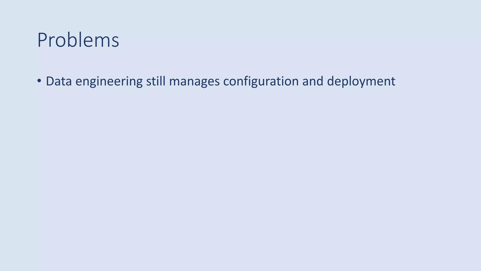 Problems
• Data engineering still manages configuration and deployment
 