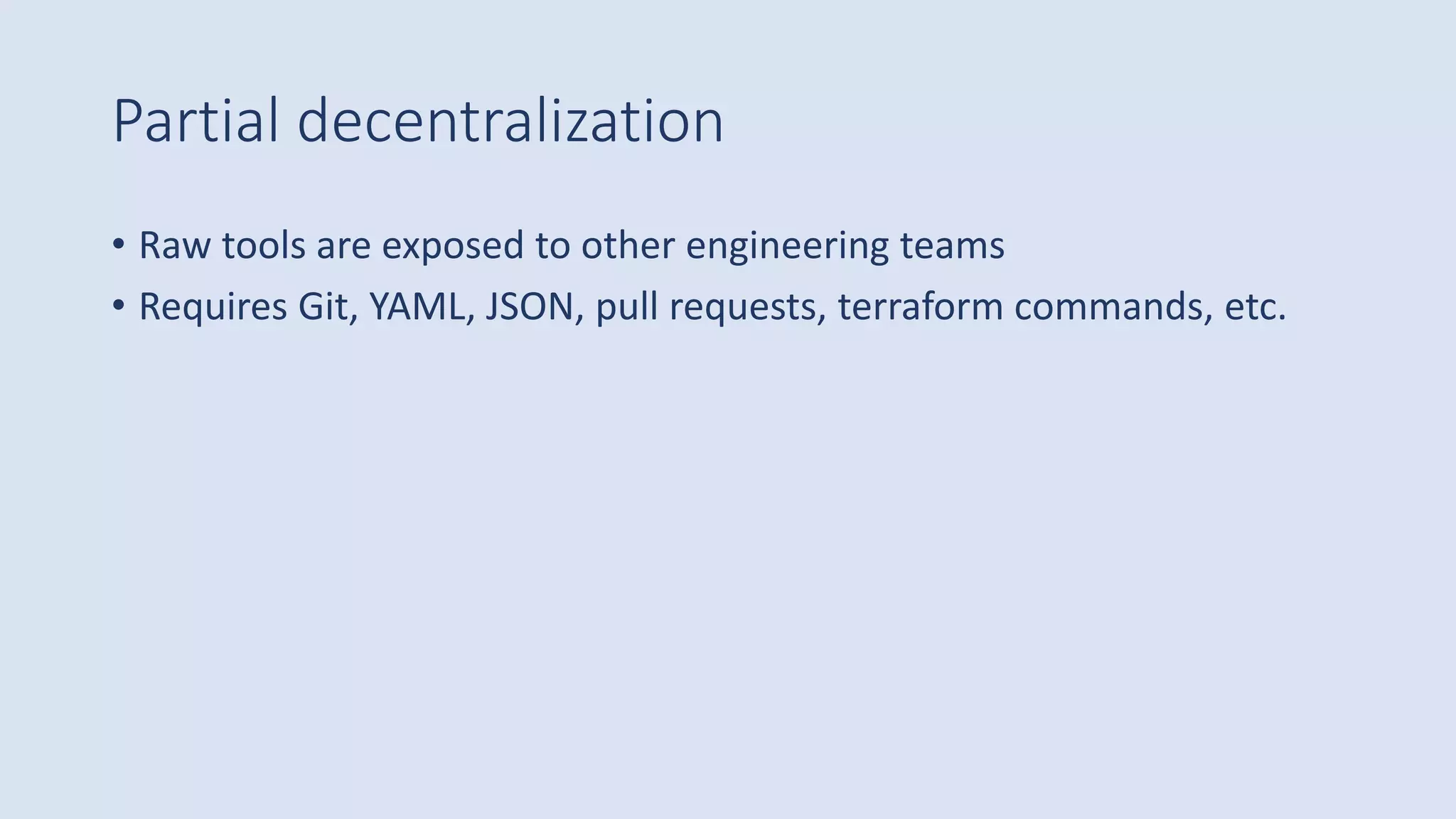 Partial decentralization
• Raw tools are exposed to other engineering teams
• Requires Git, YAML, JSON, pull requests, terraform commands, etc.
 