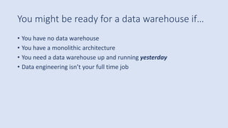 You might be ready for a data warehouse if…
• You have no data warehouse
• You have a monolithic architecture
• You need a data warehouse up and running yesterday
• Data engineering isn’t your full time job
 