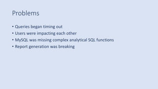 Problems
• Queries began timing out
• Users were impacting each other
• MySQL was missing complex analytical SQL functions
• Report generation was breaking
 