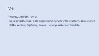 Me
• WePay, LinkedIn, PayPal
• Data infrastructure, data engineering, service infrastructure, data science
• Kafka, Airflow, BigQuery, Samza, Hadoop, Azkaban, Teradata
 