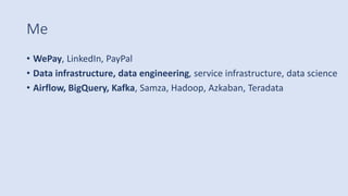 Me
• WePay, LinkedIn, PayPal
• Data infrastructure, data engineering, service infrastructure, data science
• Airflow, BigQuery, Kafka, Samza, Hadoop, Azkaban, Teradata
 