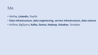 Me
• WePay, LinkedIn, PayPal
• Data infrastructure, data engineering, service infrastructure, data science
• Airflow, BigQuery, Kafka, Samza, Hadoop, Azkaban, Teradata
 