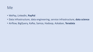 Me
• WePay, LinkedIn, PayPal
• Data infrastructure, data engineering, service infrastructure, data science
• Airflow, BigQuery, Kafka, Samza, Hadoop, Azkaban, Teradata
 