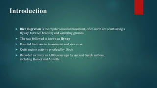 Introduction
 Bird migration is the regular seasonal movement, often north and south along a
flyway, between breeding and wintering grounds
 The path followed is known as flyway
 Directed from Arctic to Antarctic and vice versa
 Quite ancient activity practiced by Birds
 Recorded as many as 3,000 years ago by Ancient Greek authors,
including Homer and Aristotle
 