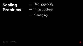 Scaling Patterns for Netflix’s Edge
Justin Ryan
Scaling
Problems
— Debuggability
— Infrastructure
— Managing
 