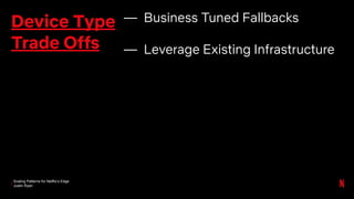 Scaling Patterns for Netflix’s Edge
Justin Ryan
Device Type
Trade Offs
— Business Tuned Fallbacks
— Leverage Existing Infrastructure
 