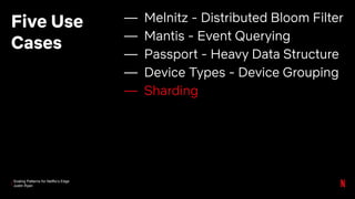 Scaling Patterns for Netflix’s Edge
Justin Ryan
Five Use
Cases
— Melnitz - Distributed Bloom Filter
— Mantis - Event Querying
— Passport - Heavy Data Structure
— Device Types - Device Grouping
— Sharding
 