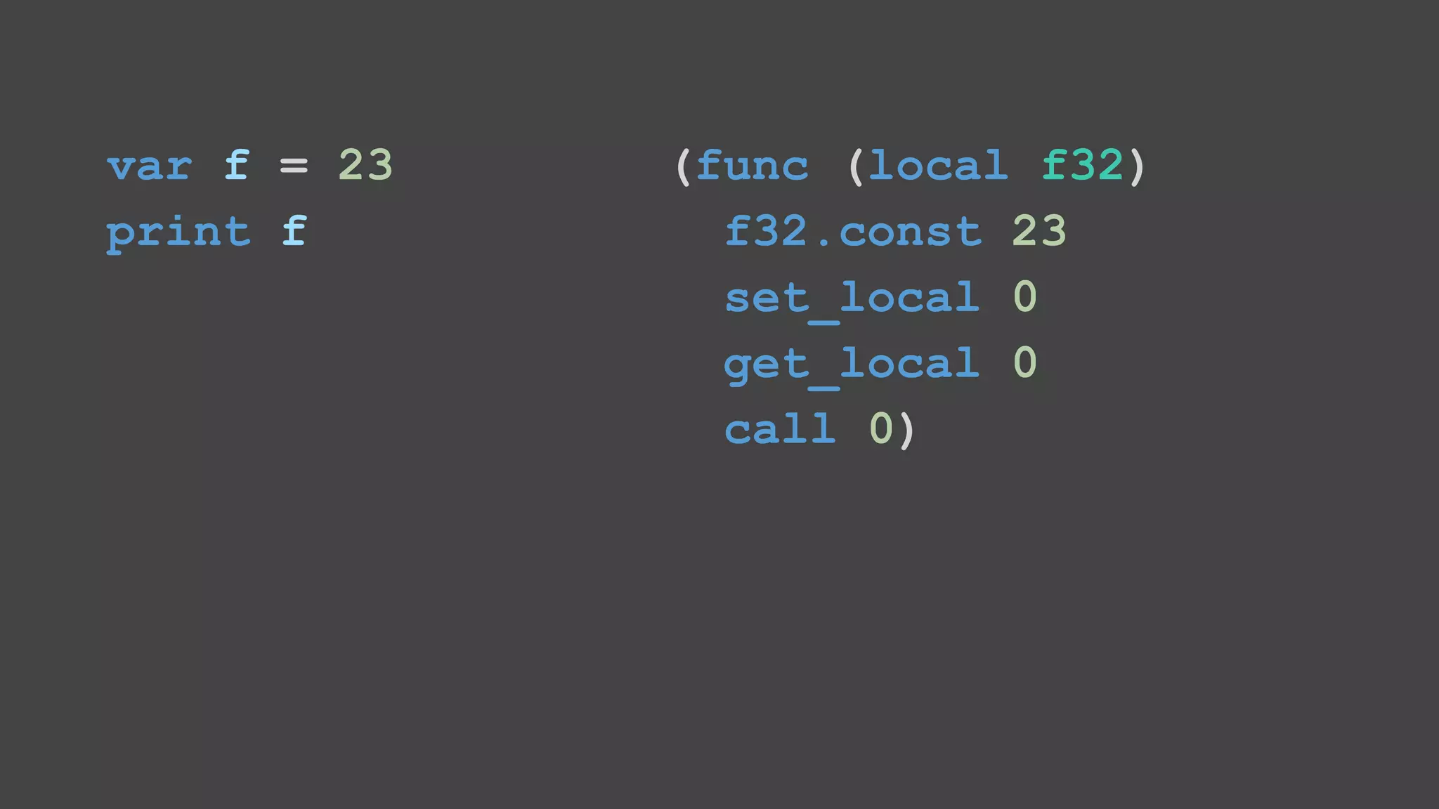 var f = 23 print f (func (local f32) f32.const 23 set_local 0 get_local 0 call 0) 