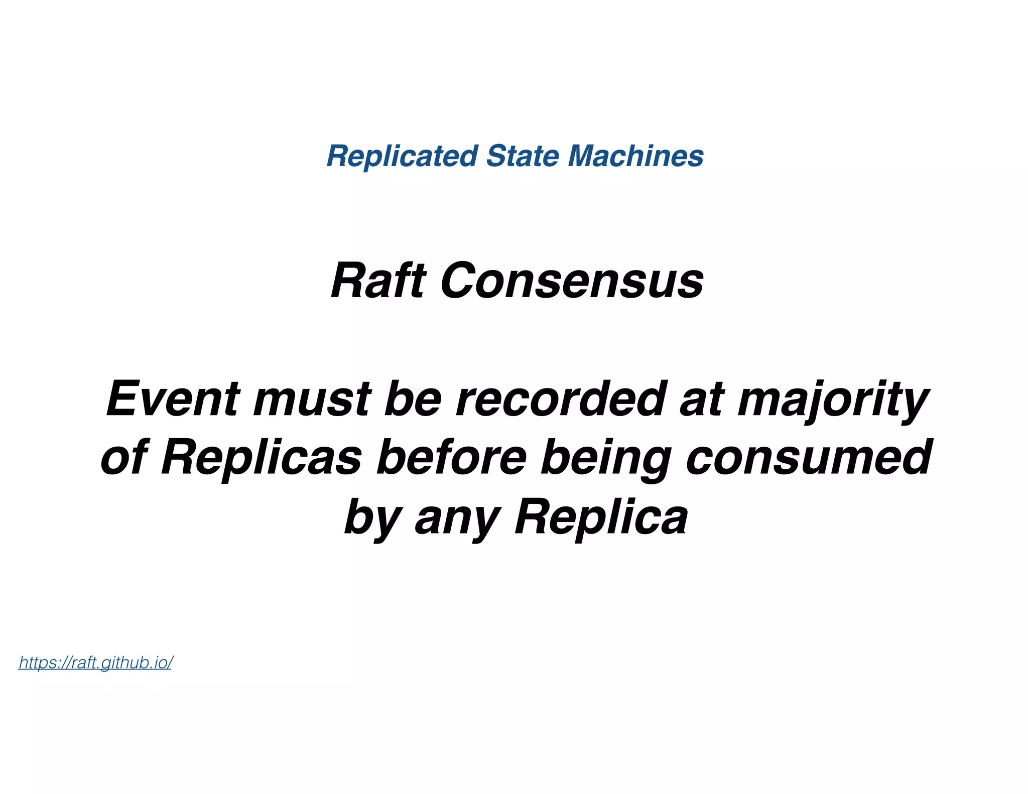 Raft Consensus
Event must be recorded at majority
of Replicas before being consumed
by any Replica
Replicated State Machines
https://raft.github.io/
 