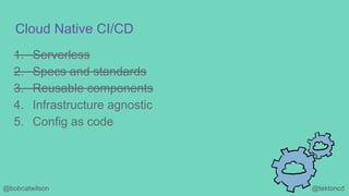 @tektoncd@bobcatwilson
Cloud Native CI/CD
1. Serverless
2. Specs and standards
3. Reusable components
4. Infrastructure agnostic
5. Config as code
 