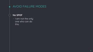 AVOID FAILURE MODES
No SPOF
◦ I am not the only
one who can do
this.
31
 