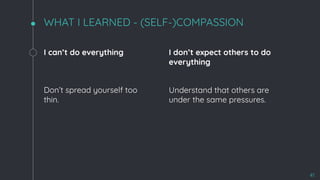 WHAT I LEARNED - (SELF-)COMPASSION
I can’t do everything
Don’t spread yourself too
thin.
I don’t expect others to do
everything
Understand that others are
under the same pressures.
41
 
