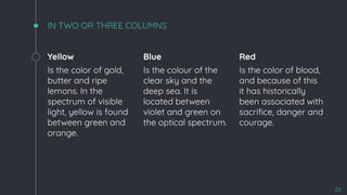 IN TWO OR THREE COLUMNS
Yellow
Is the color of gold,
butter and ripe
lemons. In the
spectrum of visible
light, yellow is found
between green and
orange.
Blue
Is the colour of the
clear sky and the
deep sea. It is
located between
violet and green on
the optical spectrum.
Red
Is the color of blood,
and because of this
it has historically
been associated with
sacriﬁce, danger and
courage.
53
 