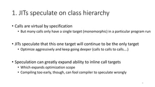 1. JITs speculate on class hierarchy
• Calls are virtual by specification
• But many calls only have a single target (monomorphic) in a particular program run
• JITs speculate that this one target will continue to be the only target
• Optimize aggressively and keep going deeper (calls to calls to calls….)
• Speculation can greatly expand ability to inline call targets
• Which expands optimization scope
• Compiling too early, though, can fool compiler to speculate wrongly
6
 