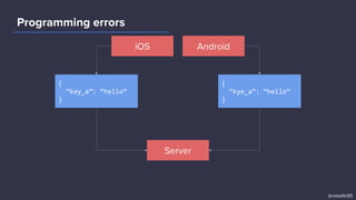 iOS
Server
{
“key_a”: “hello”
}
Android
{
“kye_a”: “hello”
}
Programming errors
@rebello95
 