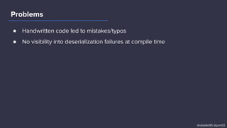 ● Handwritten code led to mistakes/typos
● No visibility into deserialization failures at compile time
Problems
@rebello95 @junr03
 