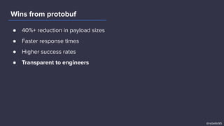 ● 40%+ reduction in payload sizes
● Faster response times
● Higher success rates
● Transparent to engineers
Wins from protobuf
@rebello95
 