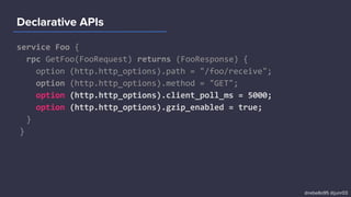 service Foo {
rpc GetFoo(FooRequest) returns (FooResponse) {
option (http.http_options).path = "/foo/receive";
option (http.http_options).method = "GET";
option (http.http_options).client_poll_ms = 5000;
option (http.http_options).gzip_enabled = true;
}
}
Declarative APIs
@rebello95 @junr03
 