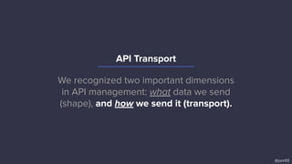 We recognized two important dimensions
in API management: what data we send
(shape), and how we send it (transport).
@junr03
API Transport
 