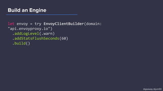 Build an Engine
let envoy = try EnvoyClientBuilder(domain:
"api.envoyproxy.io")
.addLogLevel(.warn)
.addStatsFlushSeconds(60)
.build()
@goaway @junr03
 