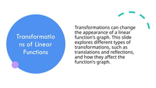 Transformatio
ns of Linear
Functions
Transformations can change
the appearance of a linear
function's graph. This slide
explores different types of
transformations, such as
translations and reflections,
and how they affect the
function's graph.
 