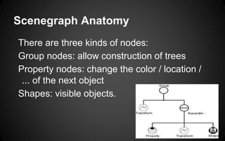 Scenegraph Anatomy
There are three kinds of nodes:
Group nodes: allow construction of trees
Property nodes: change the color / location /
... of the next object
Shapes: visible objects.
 