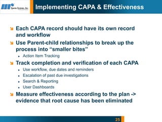 25
Implementing CAPA & Effectiveness
 Each CAPA record should have its own record
and workflow
 Use Parent-child relatio...