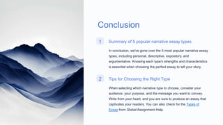 Conclusion
1 Summary of 5 popular narrative essay types
In conclusion, we've gone over the 5 most popular narrative essay
types, including personal, descriptive, expository, and
argumentative. Knowing each type's strengths and characteristics
is essential when choosing the perfect essay to tell your story.
2 Tips for Choosing the Right Type
When selecting which narrative type to choose, consider your
audience, your purpose, and the message you want to convey.
Write from your heart, and you are sure to produce an essay that
captivates your readers. You can also check for the Types of
Essay from Global Assignment Help.
 