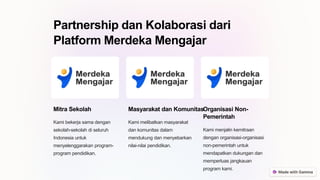 Partnership dan Kolaborasi dari
Platform Merdeka Mengajar
Mitra Sekolah
Kami bekerja sama dengan
sekolah-sekolah di seluruh
Indonesia untuk
menyelenggarakan program-
program pendidikan.
Masyarakat dan Komunitas
Kami melibatkan masyarakat
dan komunitas dalam
mendukung dan menyebarkan
nilai-nilai pendidikan.
Organisasi Non-
Pemerintah
Kami menjalin kemitraan
dengan organisasi-organisasi
non-pemerintah untuk
mendapatkan dukungan dan
memperluas jangkauan
program kami.
 