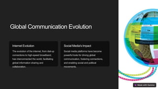Global Communication Evolution
Internet Evolution
The evolution of the internet, from dial-up
connections to high-speed broadband,
has interconnected the world, facilitating
global information sharing and
collaboration.
Social Media's Impact
Social media platforms have become
powerful tools for driving global
communication, fostering connections,
and enabling social and political
movements.
 