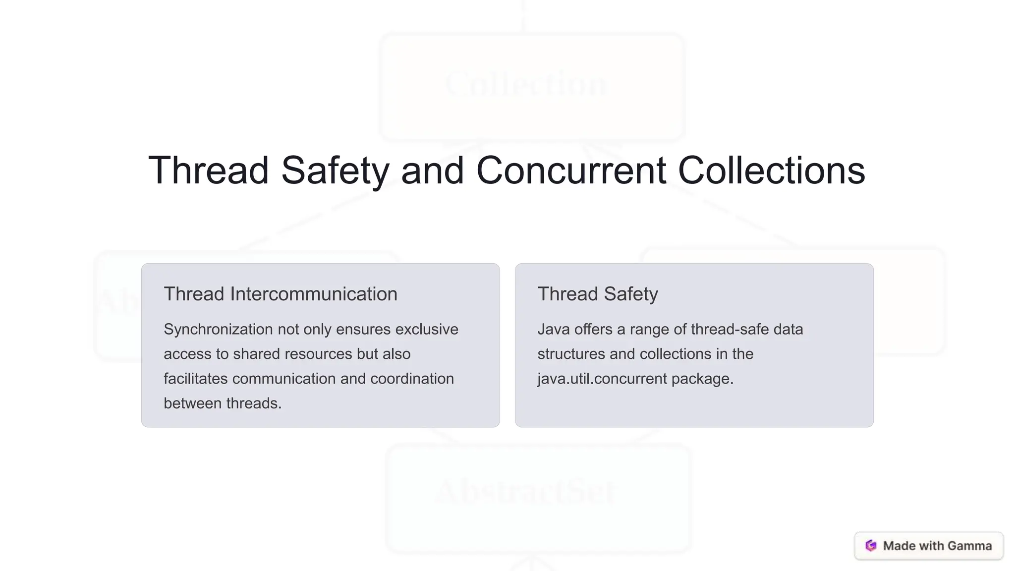 Thread Safety and Concurrent Collections Thread Intercommunication Synchronization not only ensures exclusive access to shared resources but also facilitates communication and coordination between threads. Thread Safety Java offers a range of thread-safe data structures and collections in the java.util.concurrent package. 