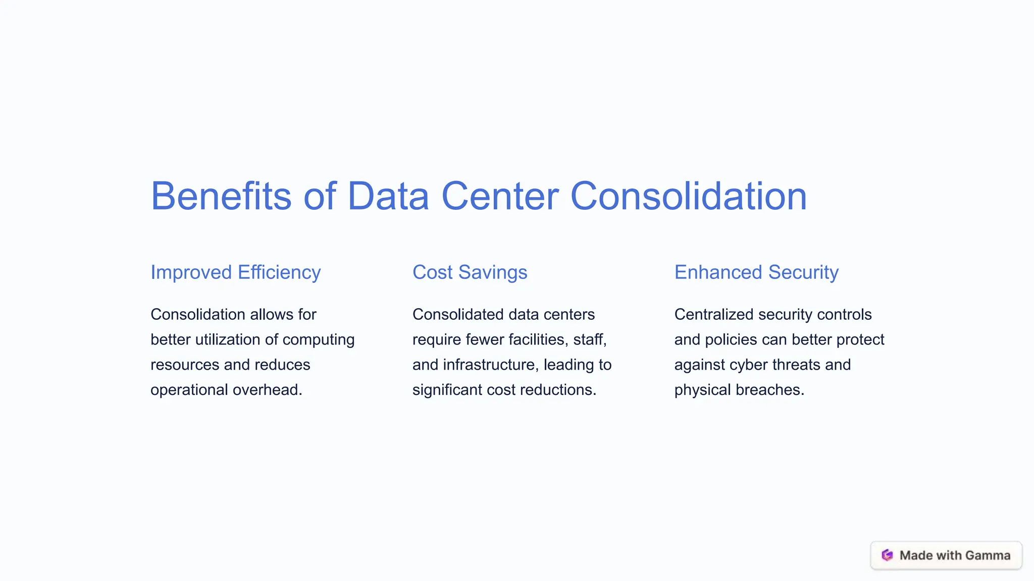 Benefits of Data Center Consolidation
Improved Efficiency
Consolidation allows for
better utilization of computing
resources and reduces
operational overhead.
Cost Savings
Consolidated data centers
require fewer facilities, staff,
and infrastructure, leading to
significant cost reductions.
Enhanced Security
Centralized security controls
and policies can better protect
against cyber threats and
physical breaches.
 