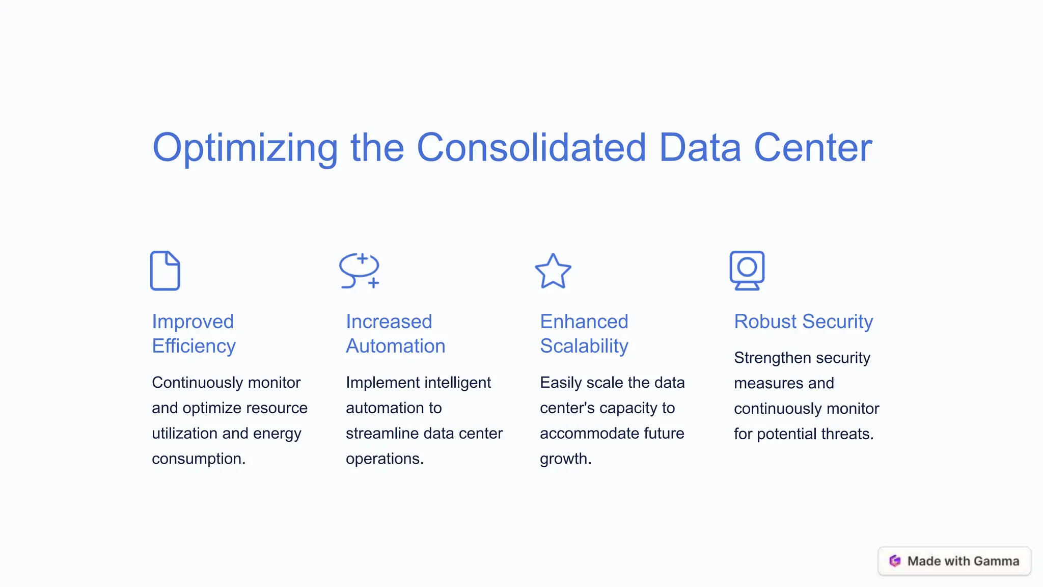 Optimizing the Consolidated Data Center
Improved
Efficiency
Continuously monitor
and optimize resource
utilization and energy
consumption.
Increased
Automation
Implement intelligent
automation to
streamline data center
operations.
Enhanced
Scalability
Easily scale the data
center's capacity to
accommodate future
growth.
Robust Security
Strengthen security
measures and
continuously monitor
for potential threats.
 