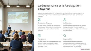 La Gouvernance et la Participation
Citoyenne
La gouvernance urbaine doit être transparente et participative. La participation citoyenne est
essentielle pour garantir que les décisions prises reflètent les besoins et les aspirations des
habitants.
Consultation Citoyenne
Les villes doivent organiser des consultations
publiques pour recueillir les commentaires des
citoyens sur les projets d'urbanisme et les
politiques.
Collaboration
Les villes doivent collaborer avec les citoyens,
les organisations de la société civile et les
entreprises privées pour élaborer des solutions
aux défis urbains.
Transparence
Les villes doivent être transparentes dans leurs
décisions et leurs processus de prise de
décision, en fournissant des informations
accessibles à tous.
Responsabilité
Les autorités municipales doivent être
redevables aux citoyens pour leurs actions et
leurs décisions, en veillant à ce que les intérêts
des habitants soient pris en compte.
 