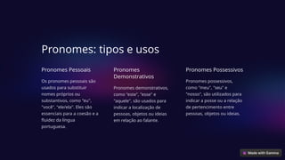 Pronomes: tipos e usos
Pronomes Pessoais
Os pronomes pessoais são
usados para substituir
nomes próprios ou
substantivos, como "eu",
"você", "ele/ela". Eles são
essenciais para a coesão e a
fluidez da língua
portuguesa.
Pronomes
Demonstrativos
Pronomes demonstrativos,
como "este", "esse" e
"aquele", são usados para
indicar a localização de
pessoas, objetos ou ideias
em relação ao falante.
Pronomes Possessivos
Pronomes possessivos,
como "meu", "seu" e
"nosso", são utilizados para
indicar a posse ou a relação
de pertencimento entre
pessoas, objetos ou ideias.
 