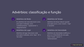 Advérbios: classificação e função
1 Advérbios de Modo
Os advérbios de modo descrevem como
uma ação é realizada, como
"cuidadosamente", "rapidamente" e
"elegantemente".
2 Advérbios de Tempo
Advérbios de tempo indicam quando
uma ação ocorre, como "ontem", "hoje"
e "amanhã".
3 Advérbios de Lugar
Advérbios de lugar descrevem onde
uma ação é realizada, como "aqui", "lá" e
"em cima".
4 Advérbios de Intensidade
Advérbios de intensidade modificam o
grau ou a intensidade de uma ação,
como "muito", "pouco" e
"extremamente".
 