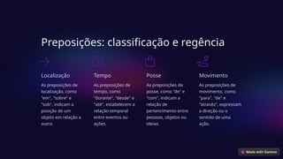 Preposições: classificação e regência
Localização
As preposições de
localização, como
"em", "sobre" e
"sob", indicam a
posição de um
objeto em relação a
outro.
Tempo
As preposições de
tempo, como
"durante", "desde" e
"até", estabelecem a
relação temporal
entre eventos ou
ações.
Posse
As preposições de
posse, como "de" e
"com", indicam a
relação de
pertencimento entre
pessoas, objetos ou
ideias.
Movimento
As preposições de
movimento, como
"para", "de" e
"através", expressam
a direção ou o
sentido de uma
ação.
 