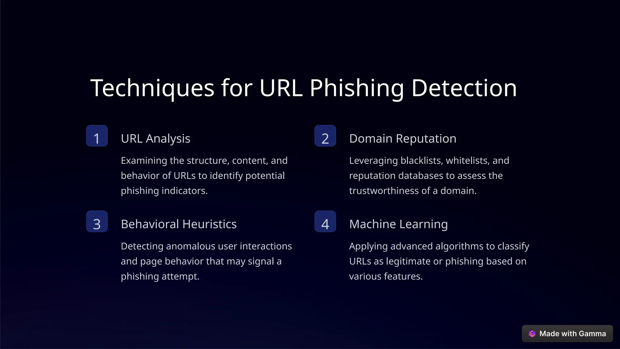 Techniques for URL Phishing Detection
1 URL Analysis
Examining the structure, content, and
behavior of URLs to identify potential
phishing indicators.
2 Domain Reputation
Leveraging blacklists, whitelists, and
reputation databases to assess the
trustworthiness of a domain.
3 Behavioral Heuristics
Detecting anomalous user interactions
and page behavior that may signal a
phishing attempt.
4 Machine Learning
Applying advanced algorithms to classify
URLs as legitimate or phishing based on
various features.
 