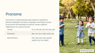 Pronome
O pronome é a classe gramatical que substitui o substantivo,
evitando repetições e tornando a linguagem mais fluida e concisa.
Os pronomes são flexionados em pessoa, número e gênero,
adaptando-se ao contexto da frase.
Pessoal Eu, tu, ele, ela, nós, vós, eles, elas.
Possessivo Meu, teu, seu, nosso, vosso, seu.
Demonstrativo Este, esta, esse, essa, aquele,
aquela, isto, isso, aquilo.
 
