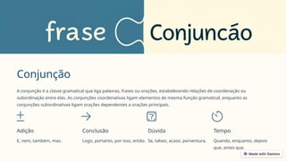 Conjunção
A conjunção é a classe gramatical que liga palavras, frases ou orações, estabelecendo relações de coordenação ou
subordinação entre elas. As conjunções coordenativas ligam elementos de mesma função gramatical, enquanto as
conjunções subordinativas ligam orações dependentes a orações principais.
Adição
E, nem, também, mas.
Conclusão
Logo, portanto, por isso, então.
Dúvida
Se, talvez, acaso, porventura.
Tempo
Quando, enquanto, depois
que, antes que.
 