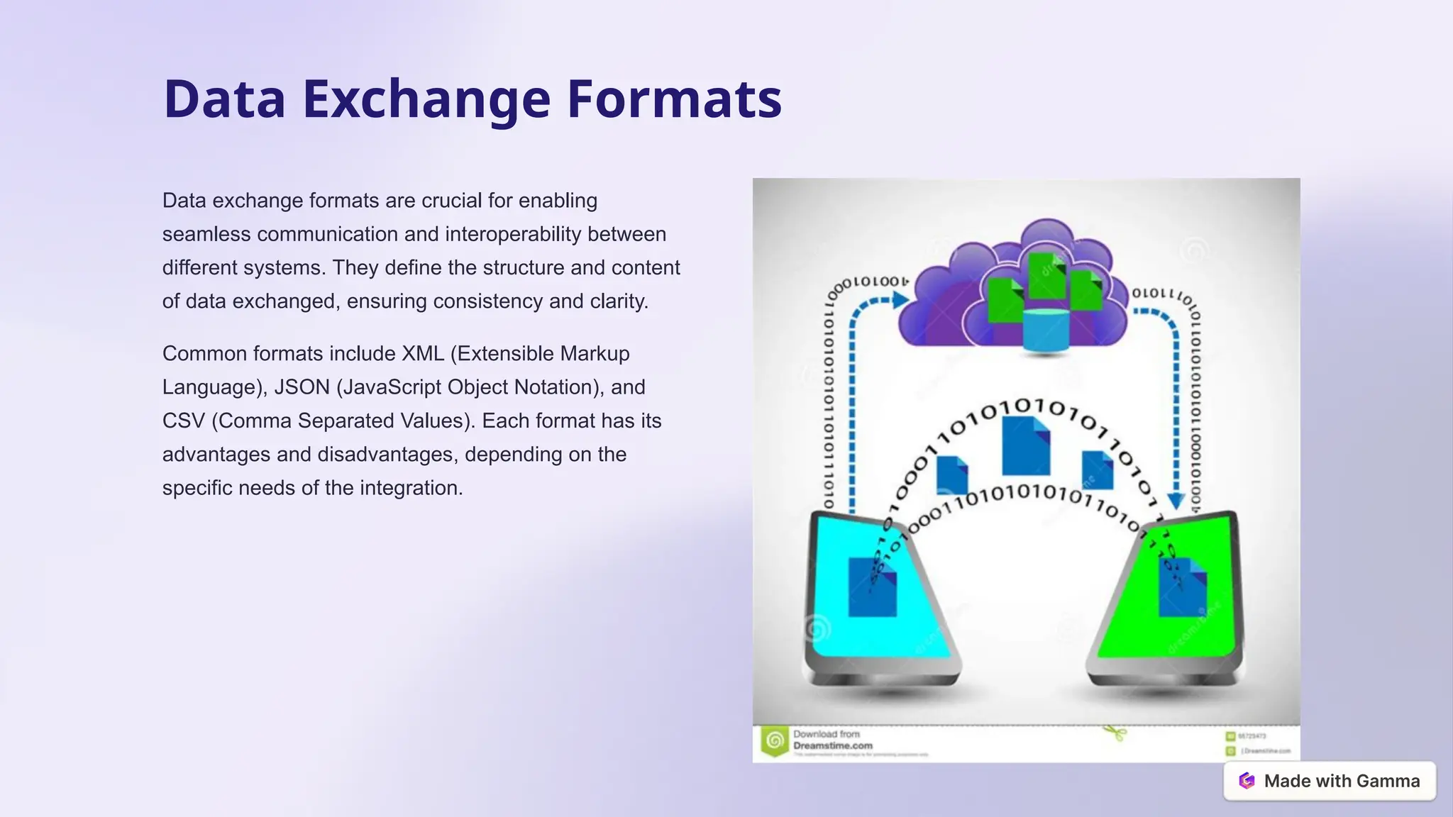 Data Exchange Formats
Data exchange formats are crucial for enabling
seamless communication and interoperability between
different systems. They define the structure and content
of data exchanged, ensuring consistency and clarity.
Common formats include XML (Extensible Markup
Language), JSON (JavaScript Object Notation), and
CSV (Comma Separated Values). Each format has its
advantages and disadvantages, depending on the
specific needs of the integration.
 