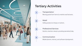 Tertiary Activities
1 Transportation
Moving goods from farms to markets and factories.
2 Retail
Selling products at shops or markets.
3 Professional Services
Doctors, teachers, lawyers providing specialized help.
4 Communication
Mobile phones, internet, and software development.
 