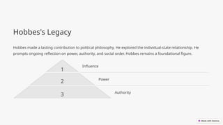 Hobbes's Legacy
Hobbes made a lasting contribution to political philosophy. He explored the individual-state relationship. He
prompts ongoing reflection on power, authority, and social order. Hobbes remains a foundational figure.
1
Influence
2 Power
3 Authority
 
