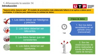 Datos/Observaciones
1. Afianzando la sesión 14
Introducción
“basura entra, basura sale”. El modelo de pronóstico más elaborado fallará si se aplica a datos poco
confiables. 4 criterios para determinas la calidad de datos:
1. Los datos deben ser fidedignos
y precisos.
2. Los datos deberían ser
relevantes.
3. Los datos tienen que ser
consistentes
4. Los datos deberían ser
oportunos.
1. Son los datos
recopilados en un
periodo único
(transversal)
2. Son las
observaciones de
datos realizadas a
través del tiempo.
(serie de tiempo)
2 tipos de datos
 