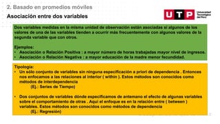 Datos/Observaciones
2. Basado en promedios móviles
Asociación entre dos variables
Dos variables medidas en la misma unidad de observación están asociadas si algunos de los
valores de una de las variables tienden a ocurrir más frecuentemente con algunos valores de la
segunda variable que con otros.
Ejemplos:
• Asociación o Relación Positiva : a mayor número de horas trabajadas mayor nivel de ingresos.
• Asociación o Relación Negativa : a mayor educación de la madre menor fecundidad.
Tipología:
• Un sólo conjunto de variables sin ninguna especificación a priori de dependencia . Entonces
nos enfocamos a las relaciones al interior ( within ). Estos métodos son conocidos como
métodos de interdependencia
(Ej.: Series de Tiempo)
• Dos conjuntos de variables dónde especificamos de antemano el efecto de algunas variables
sobre el comportamiento de otras . Aquí el enfoque es en la relación entre ( between )
variables. Estos métodos son conocidos como métodos de dependencia
(Ej.: Regresión)
 