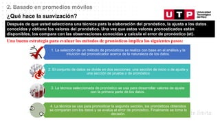 Datos/Observaciones
2. Basado en promedios móviles
¿Qué hace la suavización?
1. La selección de un método de pronósticos se realiza con base en el análisis y la
intuición del pronosticador acerca de la naturaleza de los datos.
2. El conjunto de datos se divide en dos secciones: una sección de inicio o de ajuste y
una sección de prueba o de pronóstico
3. La técnica seleccionada de pronóstico se usa para desarrollar valores de ajuste
con la primera parte de los datos.
4. La técnica se usa para pronosticar la segunda sección, los pronósticos obtenidos
se comparan con los datos y se evalúa el error de pronóstico. Finalmente se toma la
decisión.
Después de que usted selecciona una técnica para la elaboración del pronóstico, la ajusta a los datos
conocidos y obtiene los valores del pronóstico. Una vez que estos valores pronosticados están
disponibles, los compara con las observaciones conocidas y calcula el error de pronóstico (et).
Una buena estrategia para evaluar los métodos de pronósticos implica los siguientes pasos:
 