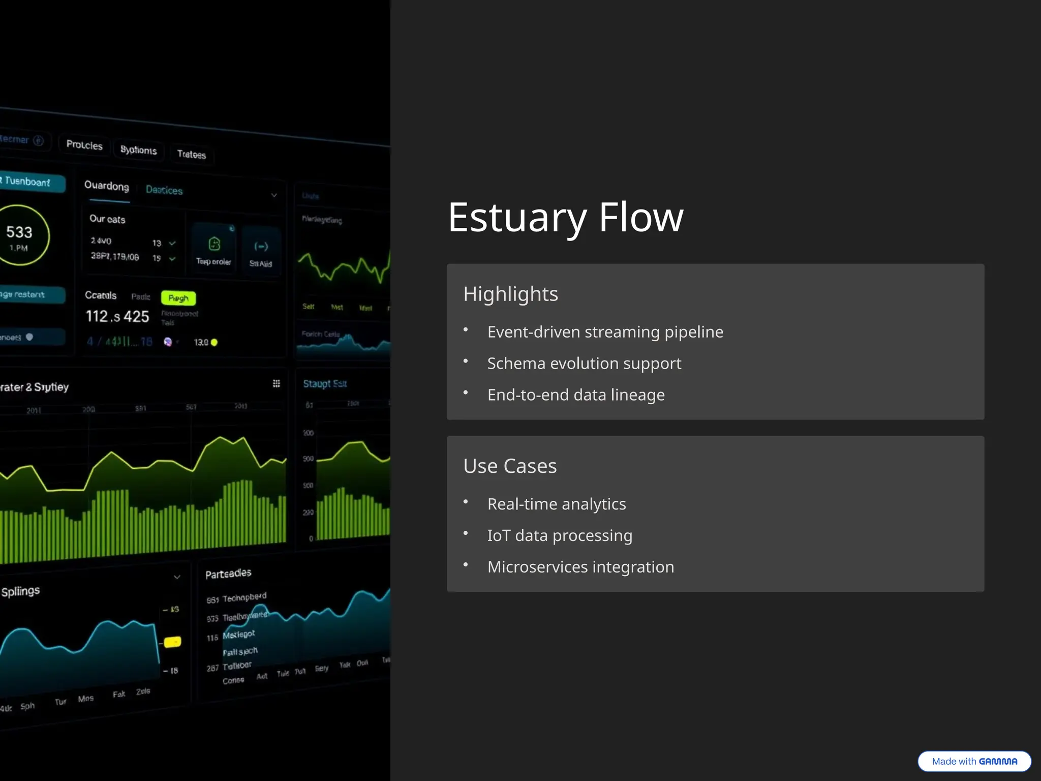 Estuary Flow
Highlights
• Event-driven streaming pipeline
• Schema evolution support
• End-to-end data lineage
Use Cases
• Real-time analytics
• IoT data processing
• Microservices integration
 