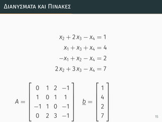 Διανύσµατα και Πίνακες
x2 + 2 x3 − x4 = 1
x1 + x3 + x4 = 4
−x1 + x2 − x4 = 2
2 x2 + 3 x3 − x4 = 7
A =






0 1 2 −1
1 0 1 1
−1 1 0 −1
0 2 3 −1






b =






1
4
2
7






15
 