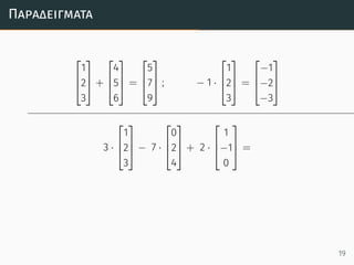 Παραδείγµατα



1
2
3


 +



4
5
6


 =



5
7
9


 ; − 1 ·



1
2
3


 =



−1
−2
−3



3 ·



1
2
3


 − 7 ·



0
2
4


 + 2 ·



1
−1
0


 =
19
 